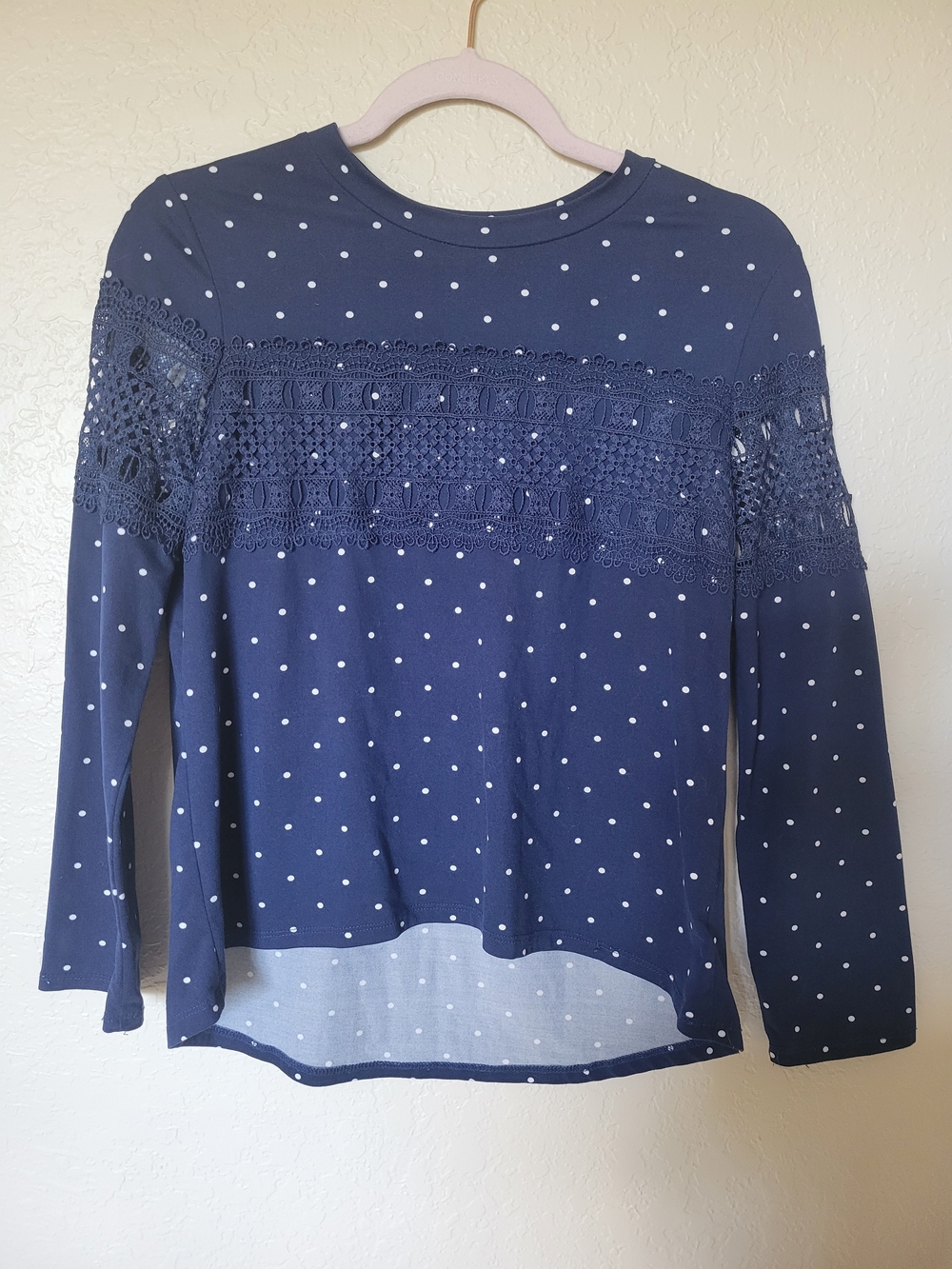 Knitworks Navy and White Polka Dot Lace-Yoke Long Sleeve Top Girls 14-16 PLUS